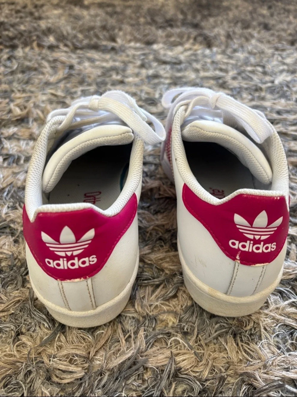 Adidas Superstar White Sneakers with Pink Stripes Fit Women’s 6